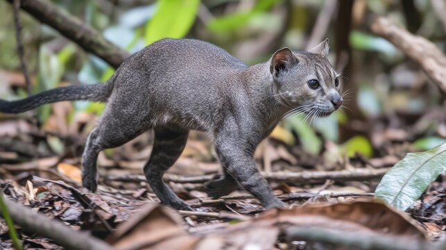 Grey Jaguarundi Cat Walking Through Natural Forest Habitat