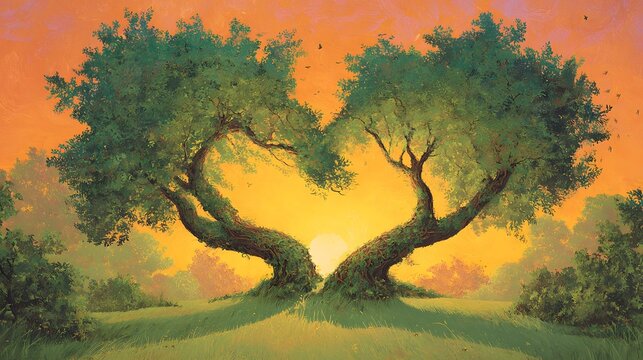 Two trees grow together forming a symbolic heart shape against a bright sunset sky