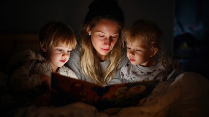 Family reading a Braille storybook together during bedtime