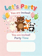 A playful invitation featuring cute animals celebrating a party with balloons and confetti, perfect for kids' events.