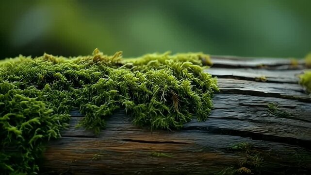 Green Moss Growing on a Wooden Surface in Nature.