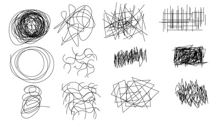 Random chaotic scribble lines collection pencil art set. Abstract random line scribble vector elements including various messy and random lines for design,	
