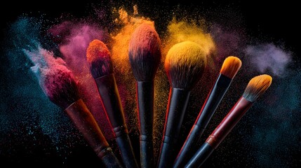 Multiple cosmetic brushes display vibrant colored powder exploding around their tips against a dark background