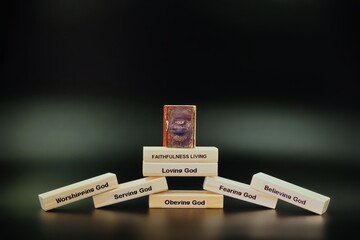 Faithfulness Living Wooden Blocks Stack Old Leather Bible On Top