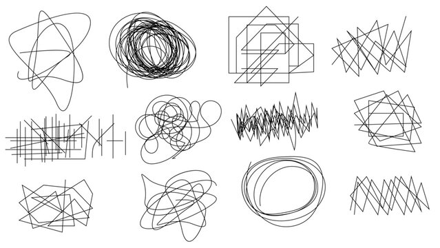 Random chaotic scribble lines collection pencil art set. Abstract random line scribble vector elements including various messy and random lines for design,	
