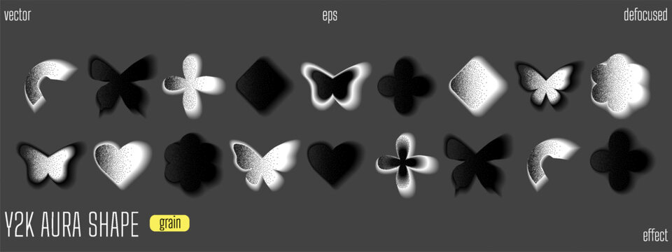 Heart and flower y2k gradient with aesthetic aura blur. Black and white color blurry cute graphic with decorated soft fade effect. Futuristic trendy figure with butterfly icon for girl poster