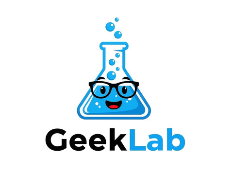 Fun geeky lab logo with smiling beaker character and glasses
