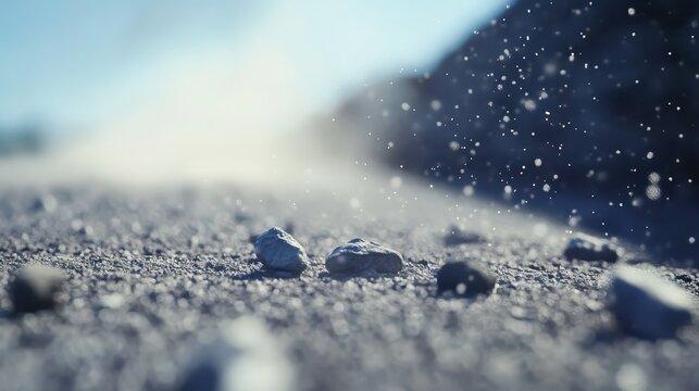 Fine dust particles suspended in the air stirred by a subtle wind above a gravelly ground with scattered pebbles and stones