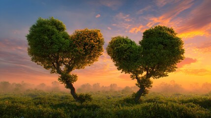 Fototapeta premium Two trees with foliage shaped like hearts stand prominently against a vibrant sunset sky