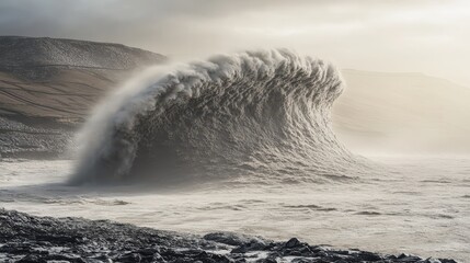 Massive tidal wave crashing inland with incredible force