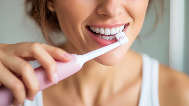 Close-up of a woman cleaning her teeth with an electric toothbrush during a daily oral care routine at home.