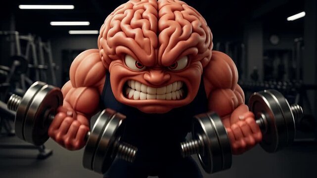 Angry brain character lifting dumbbell gym with muscle strain weightlifting strength workout