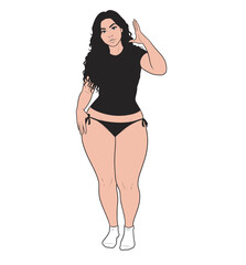 Full body vector illustration of a curvy woman wearing a black t-shirt and panties. Casual plus size character standing isolated