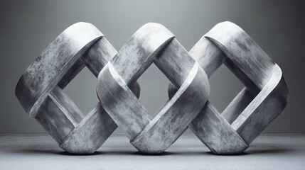 Gray interlocking abstract geometric sculpture in a studio setting
