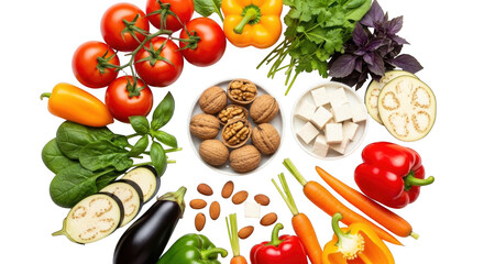 Assorted vegetables and nuts arranged in a circle