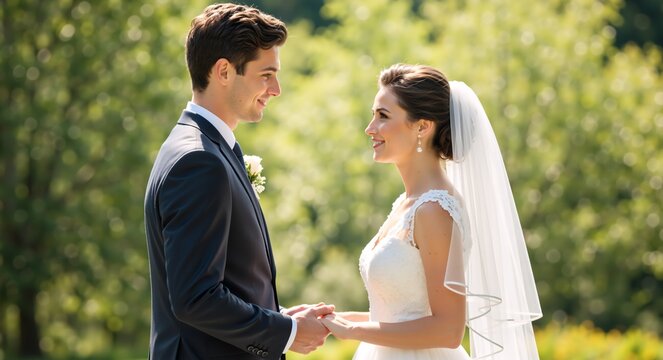Happy bride and groom smiling at each other on their wedding day. Romantic young couple holding hands in an outdoor garden setting. Love and marriage celebration - Powered by Adobe