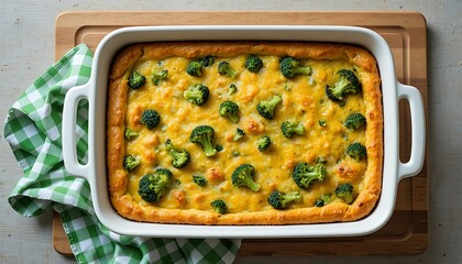 Delicious broccoli quiche in a white baking dish on wooden board