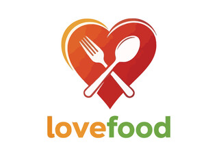 Vibrant lovefood logo with heart shaped fork and spoon
