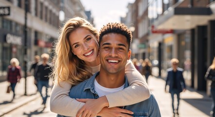 A happy young interracial couple smiling together on a city street. A blonde woman affectionately hugs her partner from behind in an urban setting. Love and diversity concept