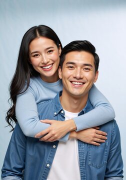 Happy young asian couple smiling in a loving embrace. Portrait of a man and woman with perfect white teeth on a light blue background