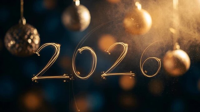 2026 light painting sparkler long exposure golden bauble ornament festive glowing script with