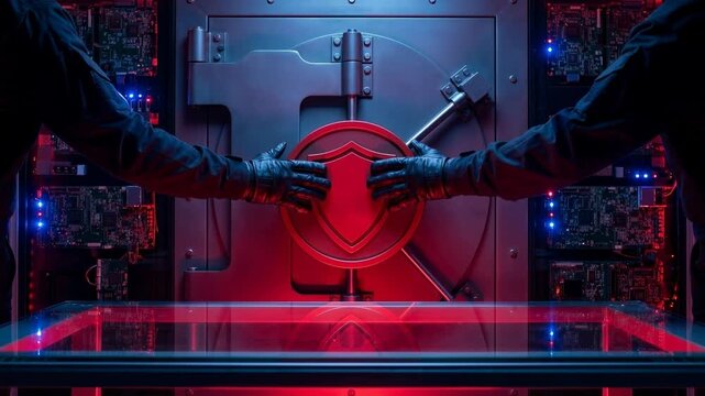 Gloved hands opening secure vault door with shield emblem and red security glove hand vault shield