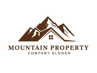 Brown mountain property logo with house and mountains
