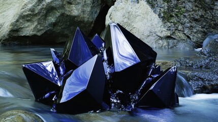 Jagged obsidian crystals embedded in a smooth river
