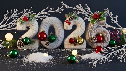 This image showcases a festive arrangement celebrating the year 2026. The numbers are creatively crafted from yarn and adorned with holiday ornaments, including red and green baubles, pine cones, and 