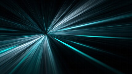 Vibrant cyan and white streaks of light radiate from a central point against a dark background