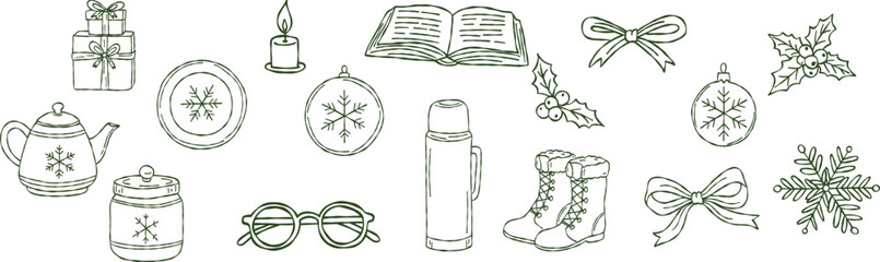 Winter essentials clipart collection, hand drawn christmas teapot, glasses, snow boots, open book, candle, holiday decor, vector illustration