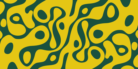 Organic liquid pattern in yellow and dark green with amoeba shapes and psychedelic lava lamp style.