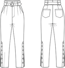 High-waisted pleated pants technical flat sketch, front and back view, button placket, cad drawing, vector illustration, garment design