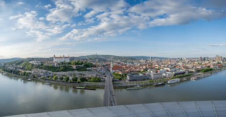 Extra wide oanorama of Bratislava Old Town with castle and Danube River