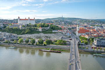 Panorama of Bratislava Old Town with castle and Danube River