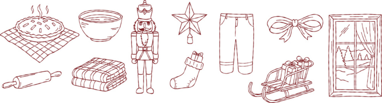 Traditional holiday clipart bundle, hand drawn christmas nutcracker, baked pie, star, sleigh with gifts, winter window, vector