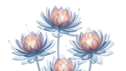 Glowing ethereal blue and pink lotus flowers illuminate a bright white background creating a serene atmosphere