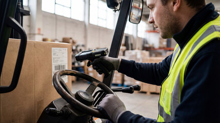 Warehouse worker scans barcode on box. Barcode check with scanner during inventory control, barcode data for Black Friday ecommerce shipping, supply chain accuracy, logistics efficiency concept