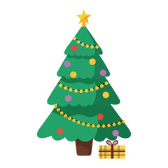 Decorated Christmas Tree with Star, Lights, Ornaments and Gift Box, Flat Vector Art