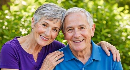 Happy senior couple smiling together outdoors. Portrait of a mature husband and wife showing affection. Healthy retirement and aging gracefully concept