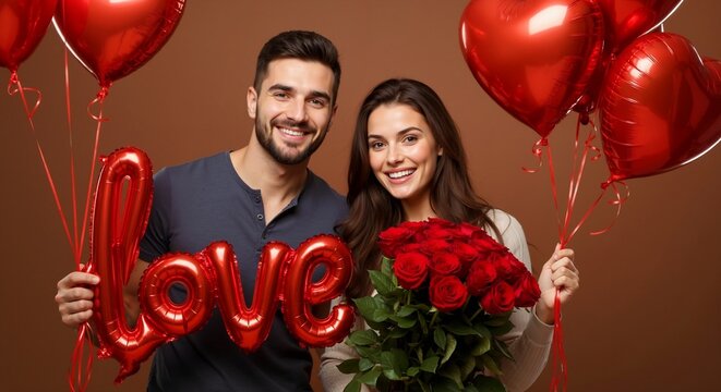 Happy young couple celebrating with red roses and love balloons. Romantic man and woman posing for valentine's day on a brown background