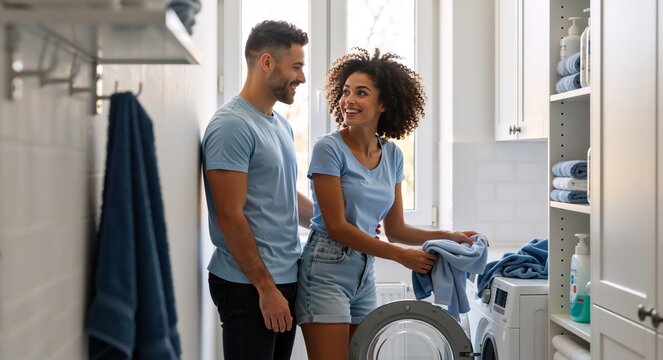 Happy multiracial couple doing laundry together at home. A smiling man and woman load clothes into a washing machine. Shared household chores and domestic partnership concept