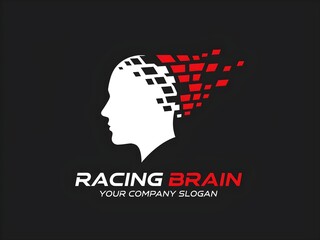 Dynamic brain logo with red and black pixels on black background