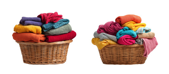 Wooden Laundry basket full of colorful cloths isolated on White or transparent background Cutout PNG