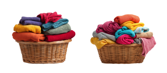 Wooden Laundry basket full of colorful cloths isolated on White or transparent background Cutout PNG
