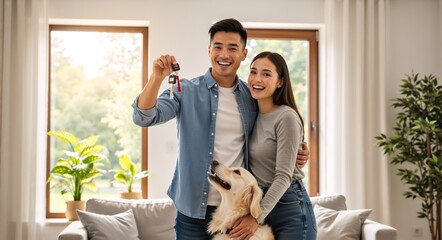 Happy young couple with their dog holding keys in their new home. Joyful homeowners celebrating buying a house. Real estate and property ownership concept