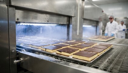 Conveyor belts transporting singlelayer sheet cakes through industrial blast freezers highlighting rapid cooling in a modern bakery environment.