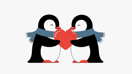 Two penguins holding a heart.