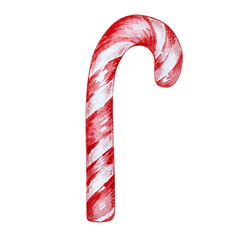 Watercolor Red Candy Cane, Christmas sweet illustration for holiday design.