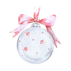 Watercolor Red Christmas ornament with red bow, illustration for holiday design.